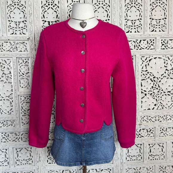 Vtg Caroll Reed Hot Pink Magenta 100% Wool Preppy Girly Button Up Cardigan - Picture 1 of 6